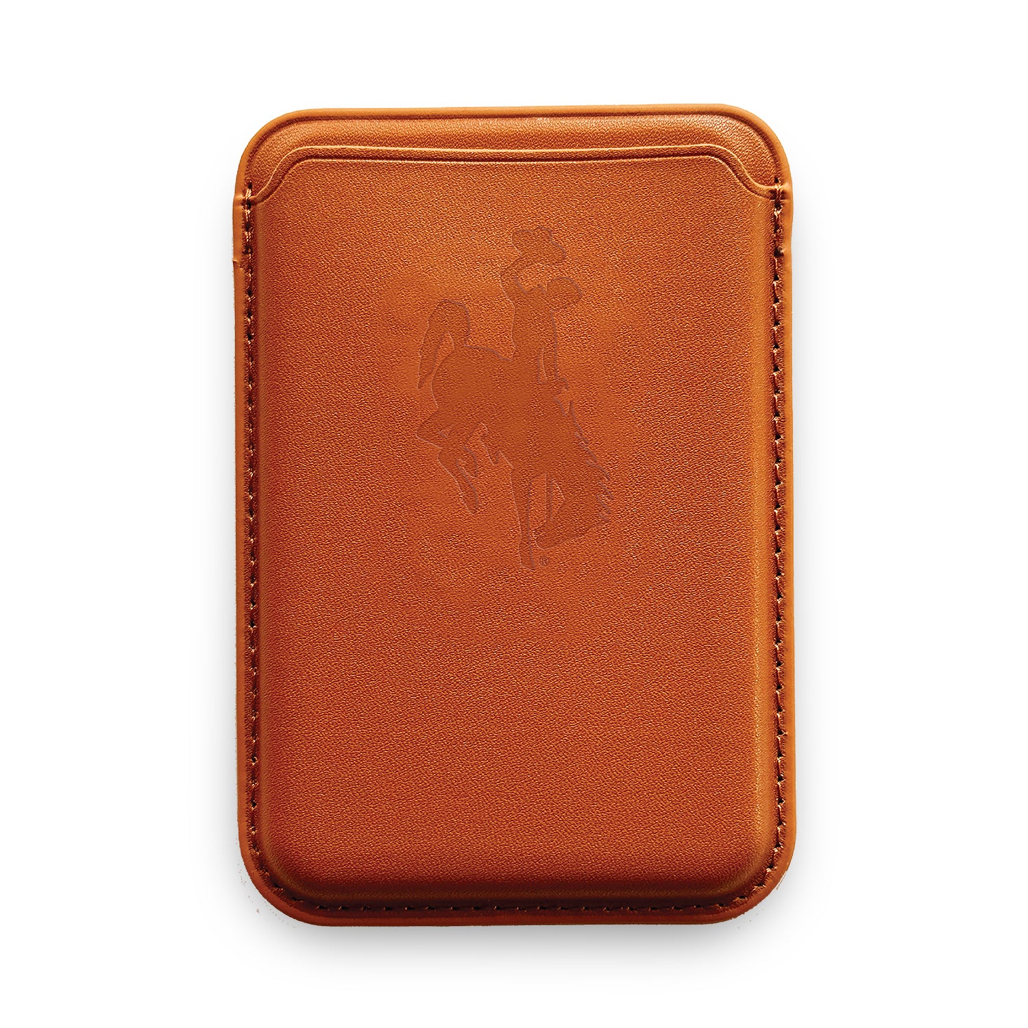 Brown leather cardholder with embossed bucking horse design and a pocket for 3 cards
