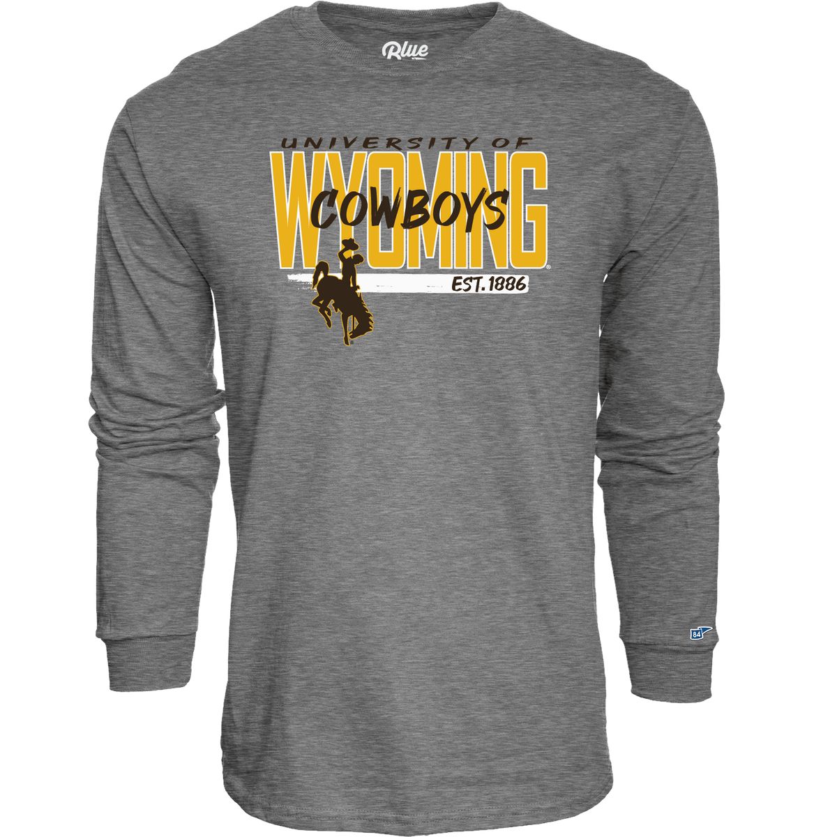 Gray long-sleeve shirt with 'University of Wyoming Cowboys' text and bucking horse in gold, brown, and white all center chest.