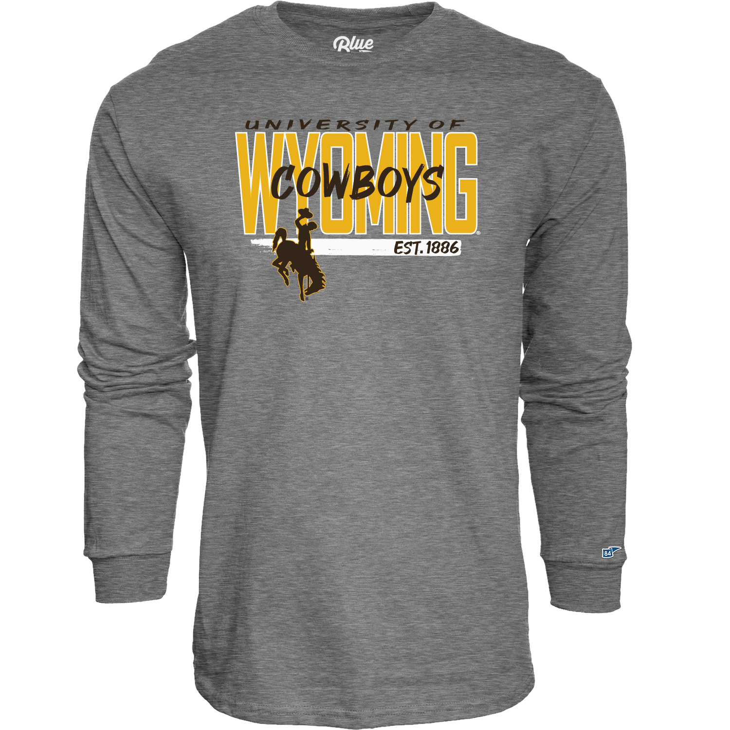Gray long-sleeve shirt with 'University of Wyoming Cowboys' text and bucking horse in gold, brown, and white all center chest.