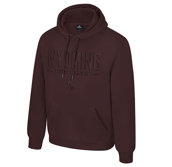 A brown pullover hoodie with 'wyoming cowboys' printed in brown across the chest with bucking horse logo below, shown on a plain white background.