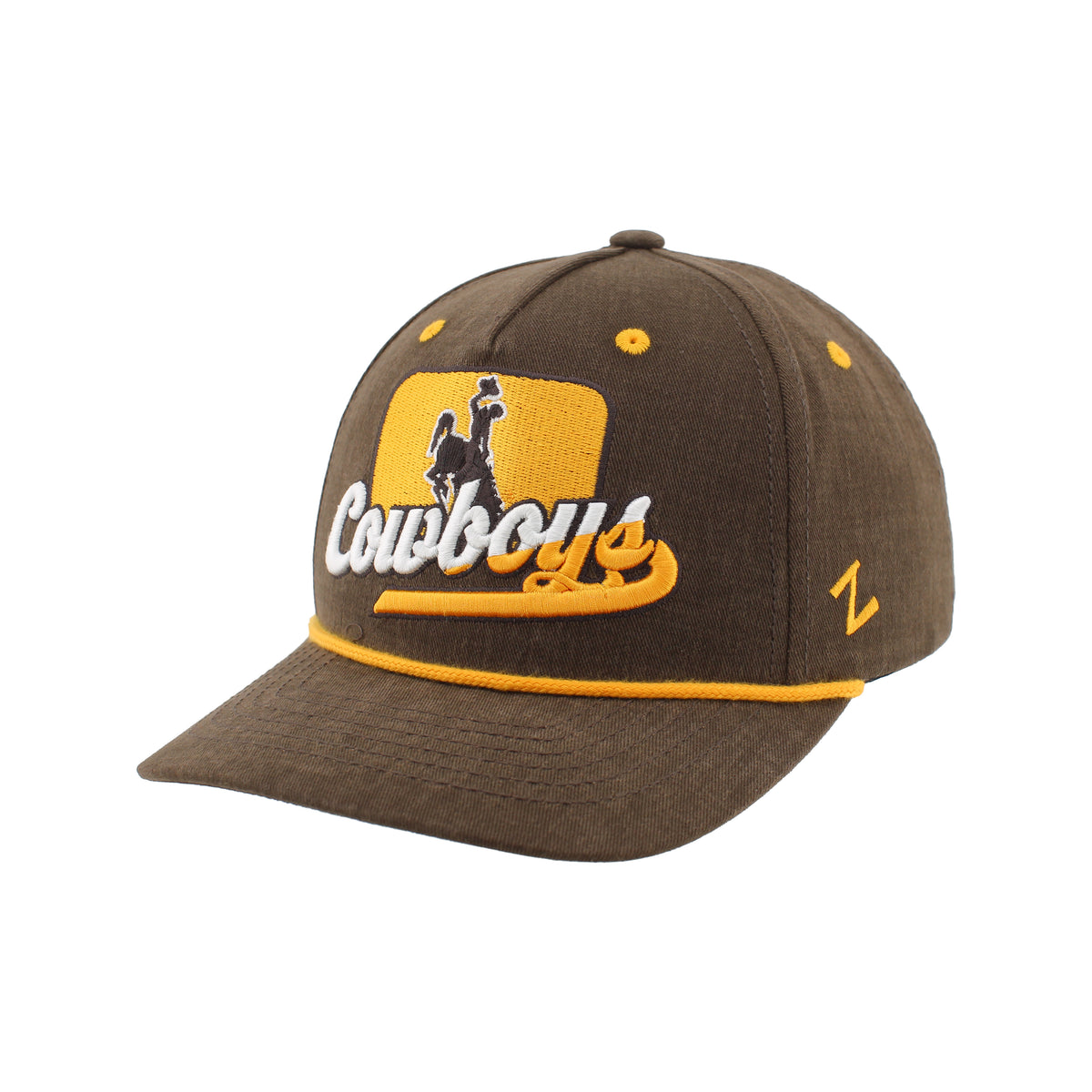 Brown adjustable hat with gold rope across brim. Has embroidered design on front panel in gold and white. Design is "Cowboys' Script with bucking horse.
