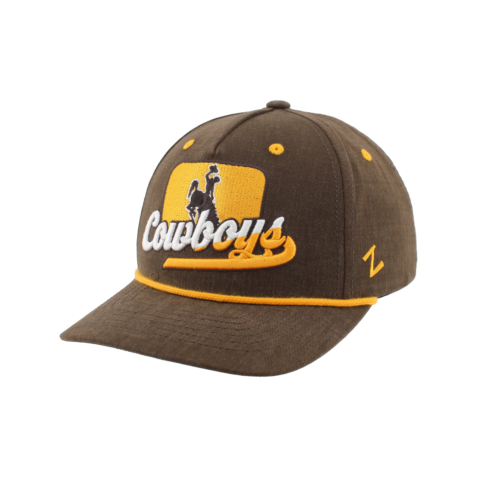 Brown adjustable hat with gold rope across brim. Has embroidered design on front panel in gold and white. Design is "Cowboys' Script with bucking horse.