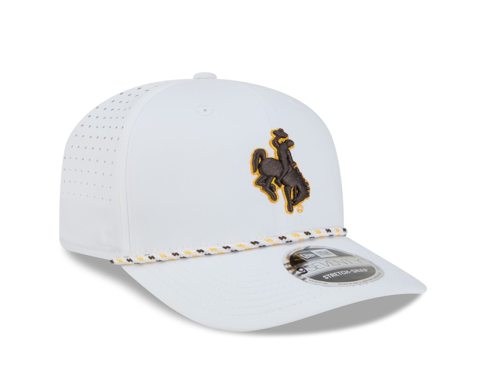 White adjustable hat with brown bucking horse embroidered on front and white rope with brown and gold specs across brim. Hat is pictured on a white background.