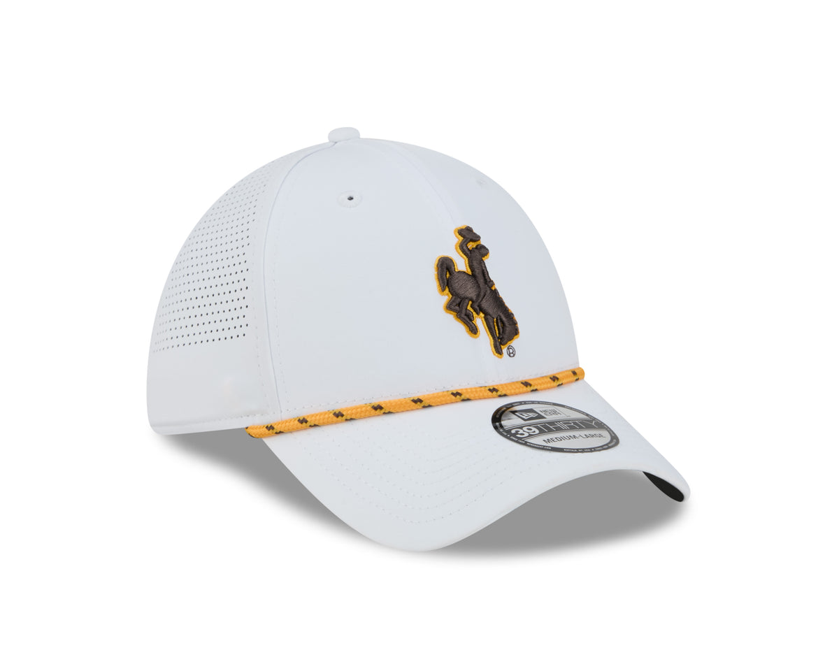 White flexfit hat with brown bucking horse logo on front and gold rope around brim. Pictured on a white background.