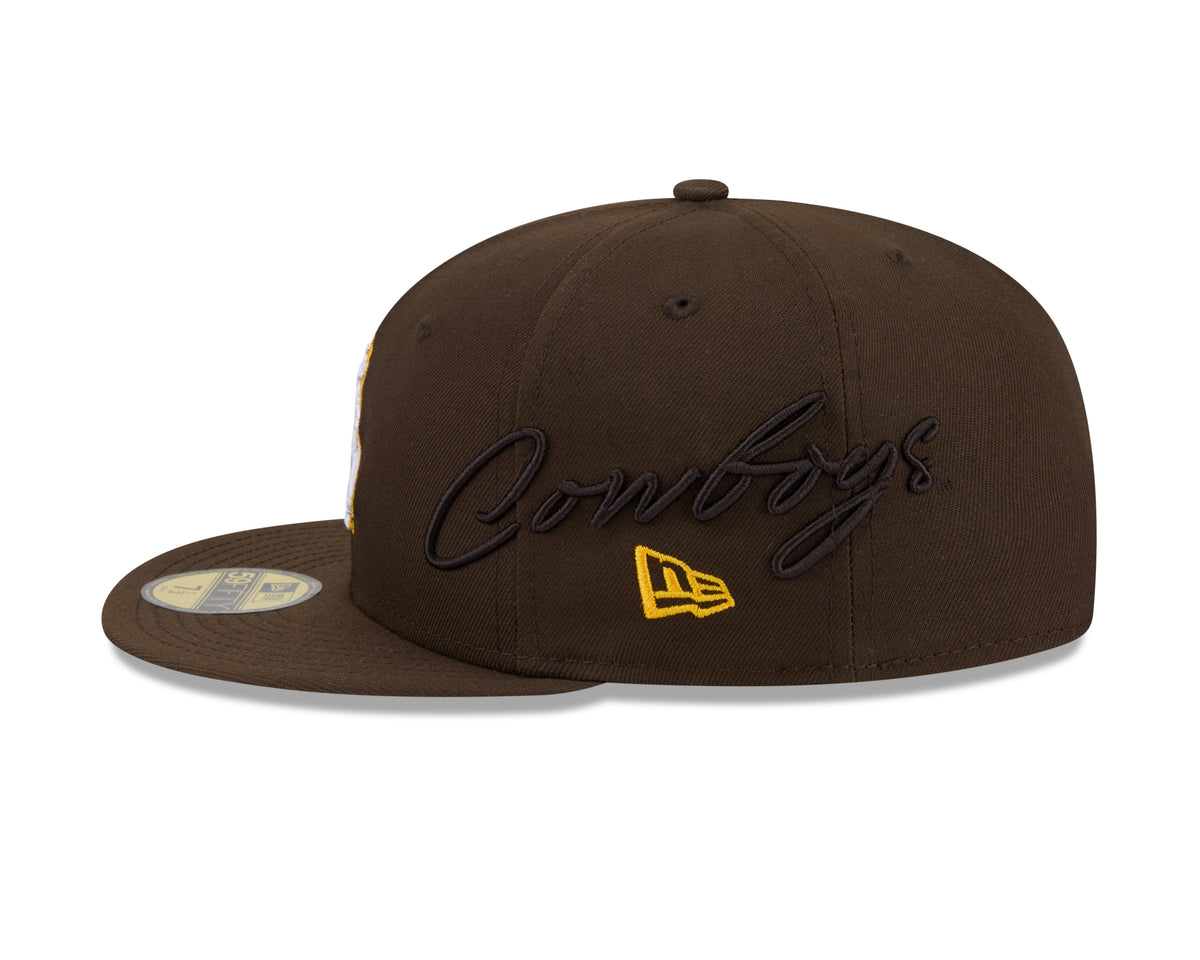 Brown hat shown from the side with embroidered cowboys script on the side and new era logo. Pictured on a white background.
