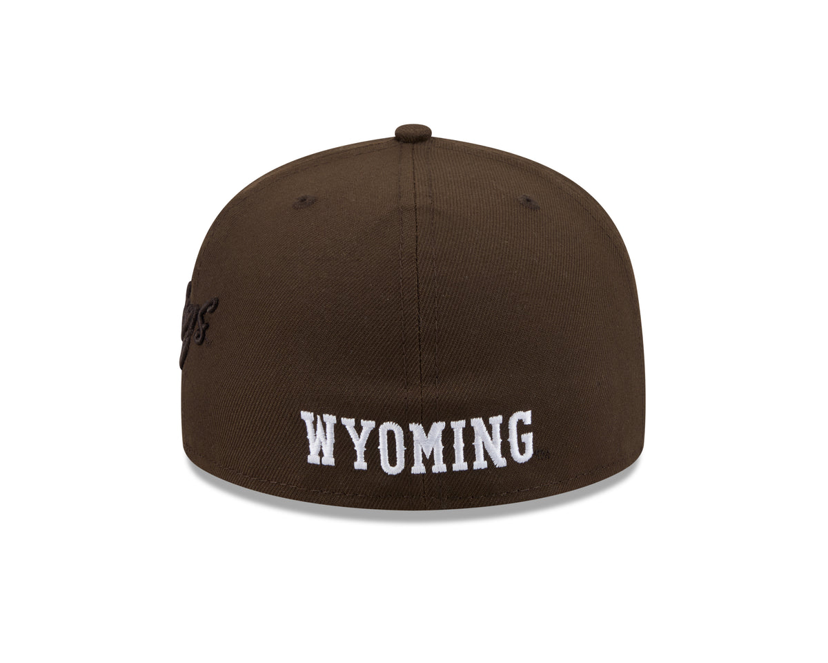 A dark brown structured baseball cap with 'WYOMING' embroidered in white block letters on the front, shown against a plain white background.