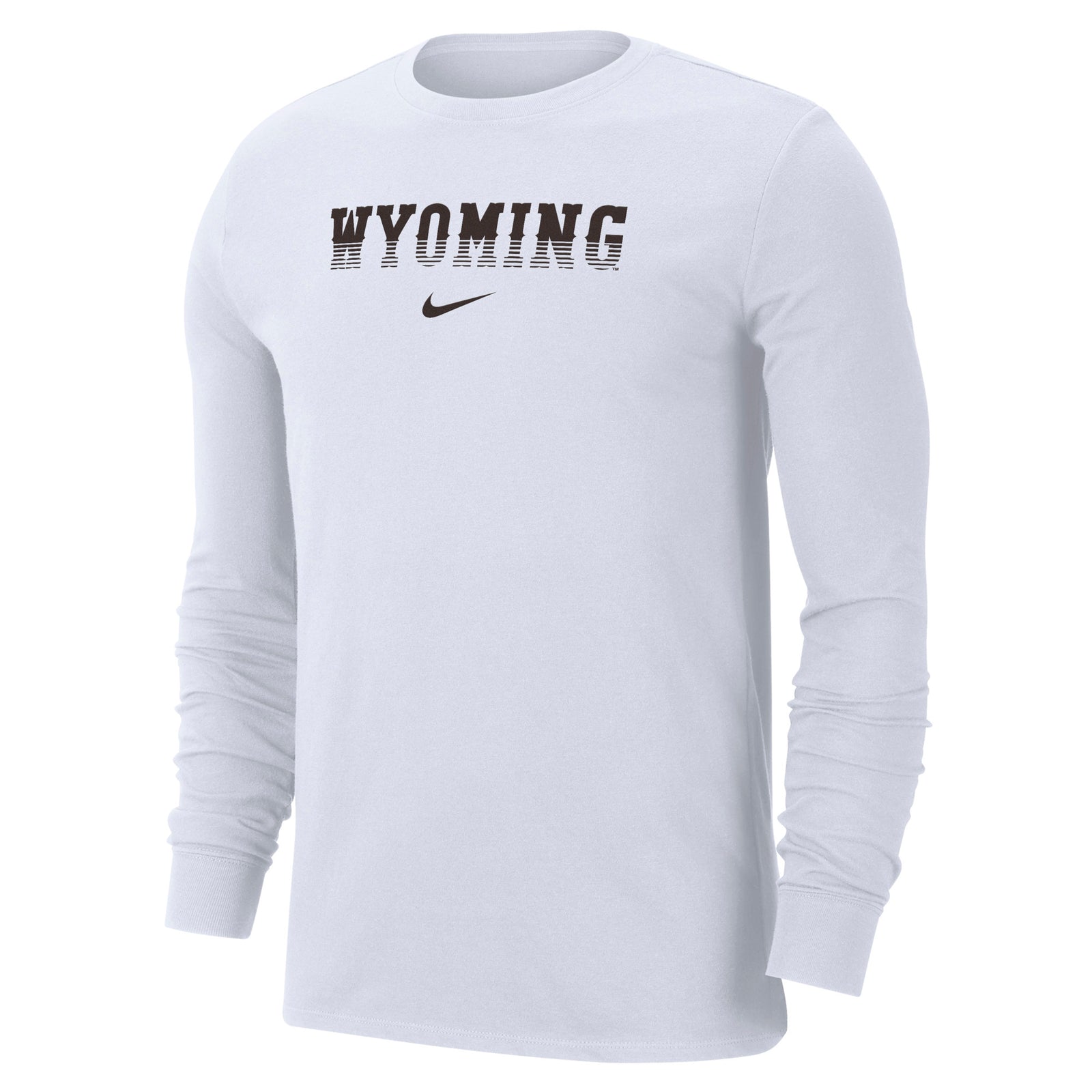 White long-sleeve shirt with 'Wyoming' text and Nike logo in black all center chest