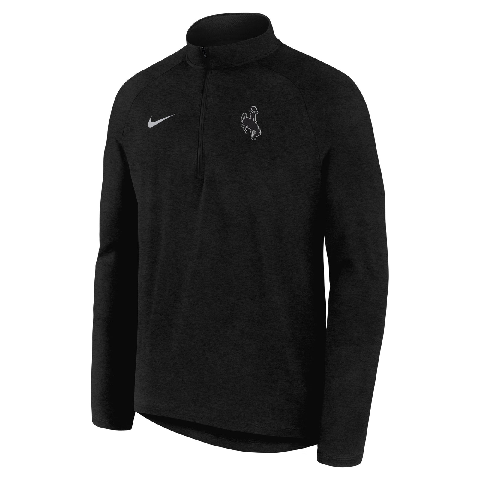 black nike half zip jacket with grey nike swoosh on right chest and black bucking horse with white outline on left chest.