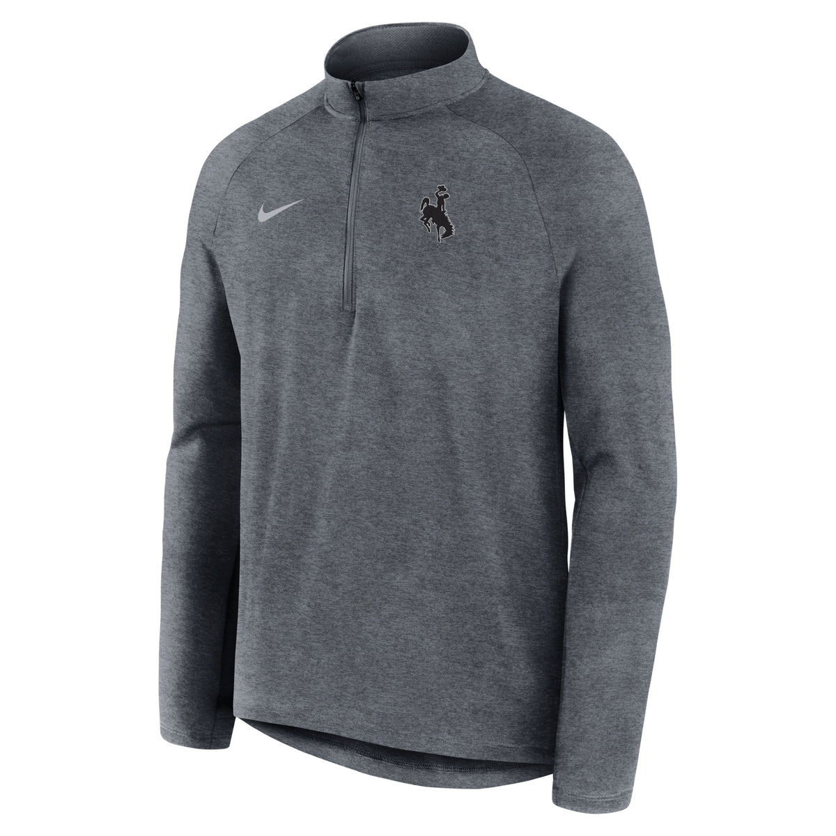 grey nike half zip jacket with grey nike swoosh on right chest and black bucking horse on left chest with white outline