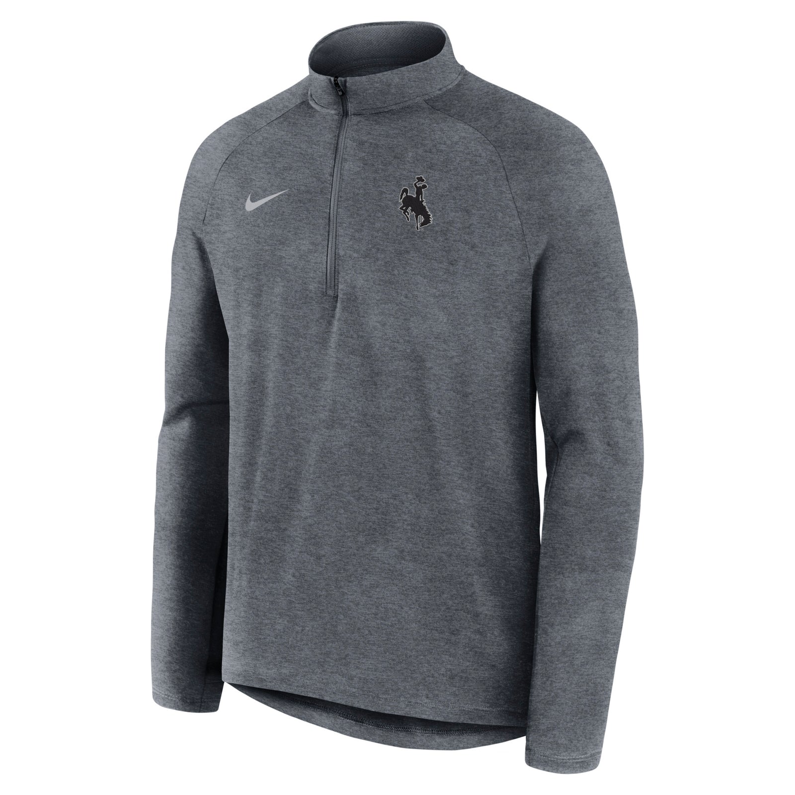 grey nike half zip jacket with grey nike swoosh on right chest and black bucking horse on left chest with white outline