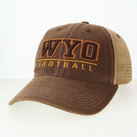Brown and tan cap with 'WYO FOOTBALL' text in brown and gold centered on front panel