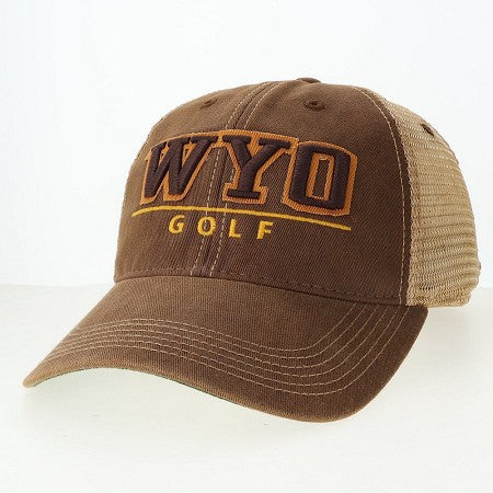 Brown and beige cap with 'WYO GOLF' text in brown and gold on front panel