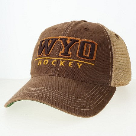 brown adjustable cap with "WYO hockey" embroidered in brown and gold on front panel