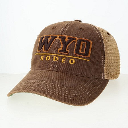 Brown cap with 'WYO RODEO' text on front panel in brown and gold.
