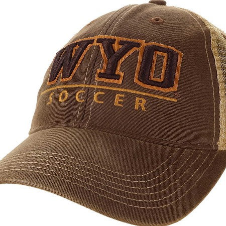A brown trucker-style baseball cap with 'WYO SOCCER' embroidered on the front in dark brown and tan, with tan mesh side panels.