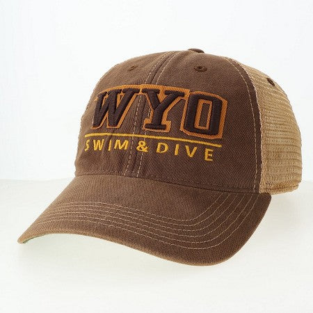 Brown and tan cap with 'WYO Swim & Dive' text in brown and gold on front panel