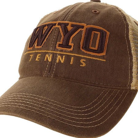 A brown trucker-style baseball cap with 'WYO TENNIS' embroidered on the front panel. The cap features a brown front panel and curved brim, with beige mesh back panels and light brown stitching.