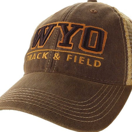 A brown baseball cap with 'WYO TRACK & FIELD' embroidered on the front in brown and tan, showing a brown fabric front panel and tan mesh back.
