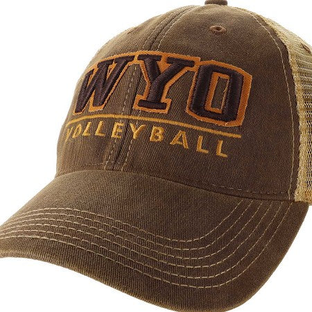A brown trucker-style baseball cap with 'WYO VOLLEYBALL' embroidered on the front panel in dark brown and tan, with tan mesh back panels.