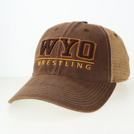 brown cap with "wyo wrestling" embroidered on front panel in brown and gold.