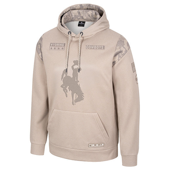 Sand colored hoodie with camo on the inside of the hood and shoulders. Has OHT themed patches all over front and sleeve. Has bucking horse logo on front.