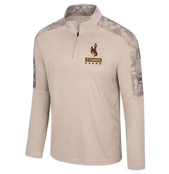 Sand colored 1/4 zip jacket with camo on the collar and shoulders. Has bucking horse logo with OHT logo below on left chest. Left sleeve has American flag and OHT logo. Pictured on a white background.