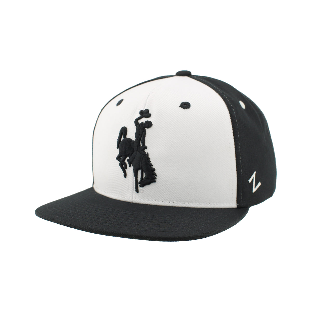 black adjustable flat bill hat with white front panel. has black embroidered bucking horse centered on front 