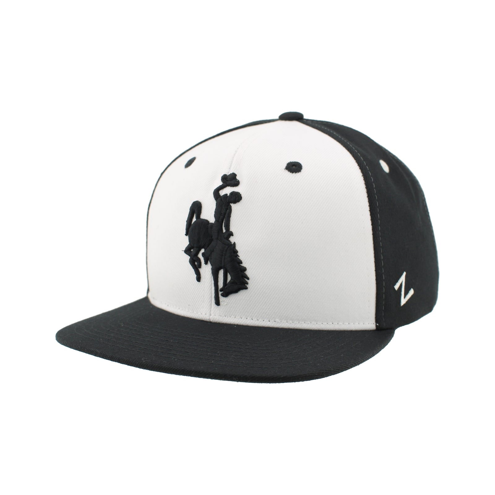 black adjustable flat bill hat with white front panel. has black embroidered bucking horse centered on front 