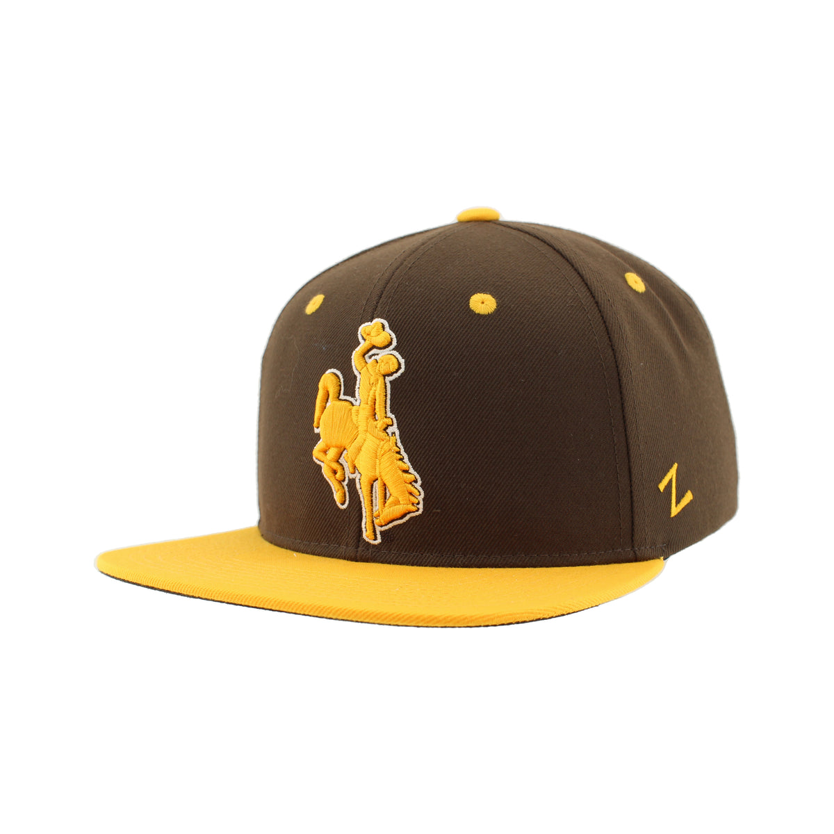 A brown and yellow snapback cap featuring a yellow embroidered bucking cowboy graphic on the front and a small yellow embroidered 'Z' logo on the side, set against a plain white background.