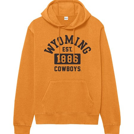 An gold pullover hoodie with a brown graphic print on the front reading 'WYOMING EST. 1886 COWBOYS'.