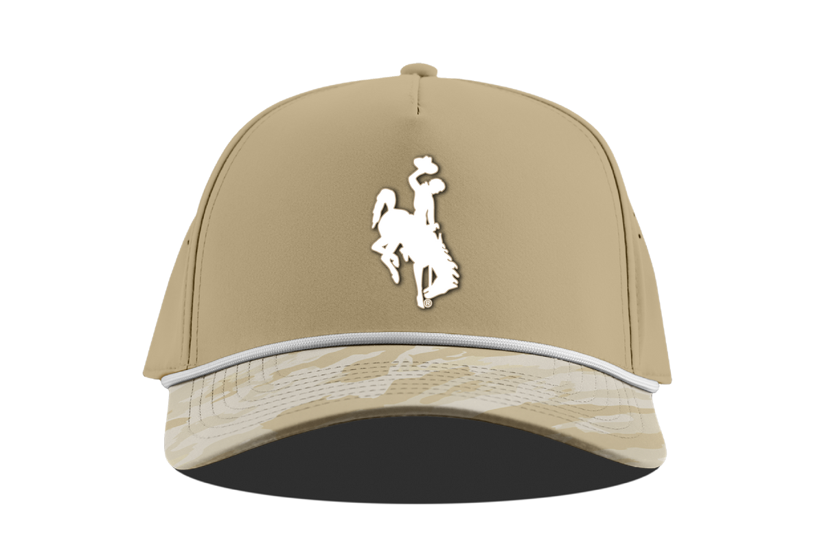 Beige cap with a white bucking horse logo on front with camo bill and white rope across. All pictured on a white background