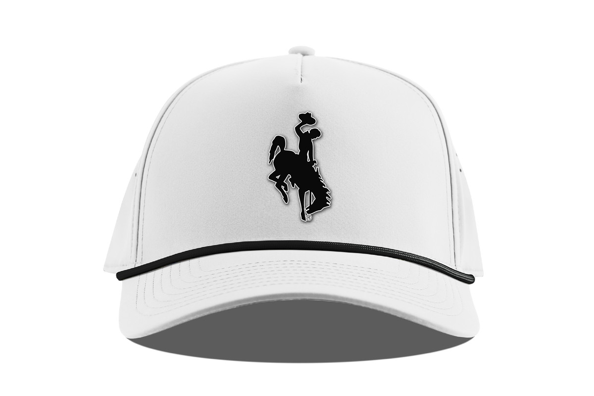 White adjustable hat with black bucking horse logo on front with black rope on bill. Is pictured on a white background
