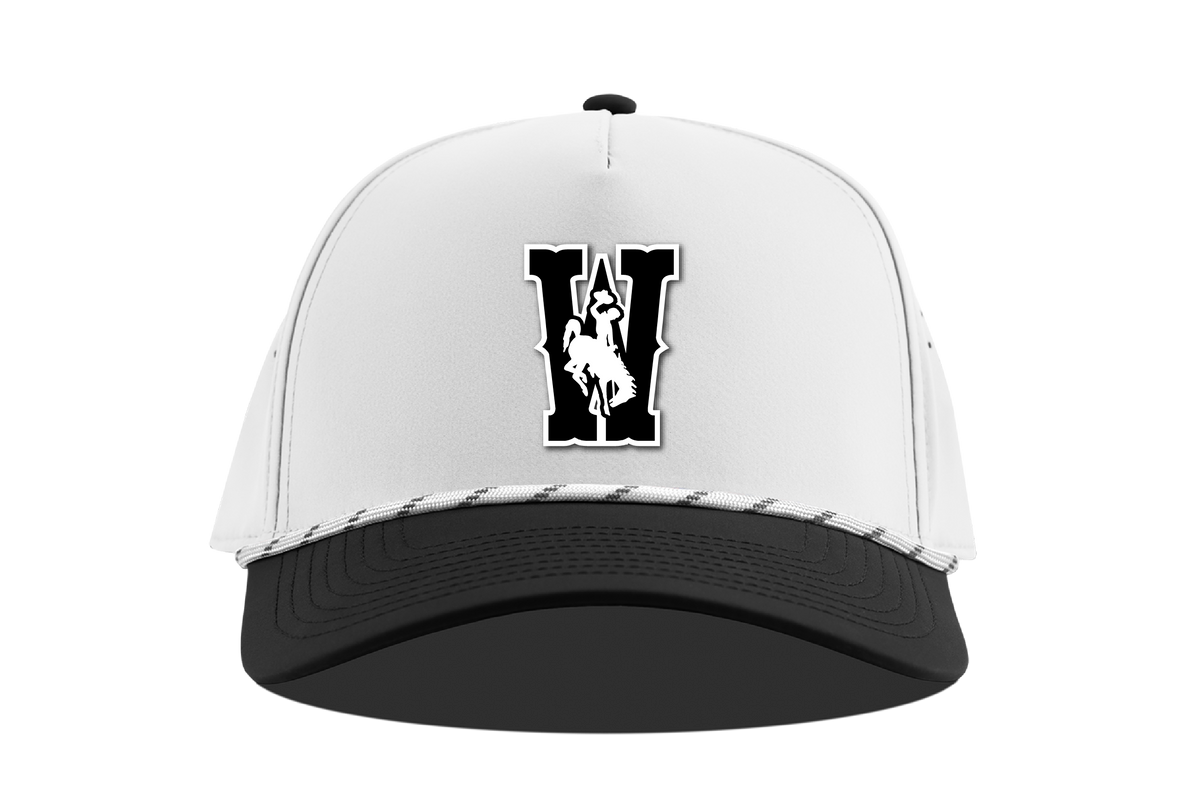 White and black adjustable hat with a "W" logo on front and black and white rope on bill. All pictured on a white background