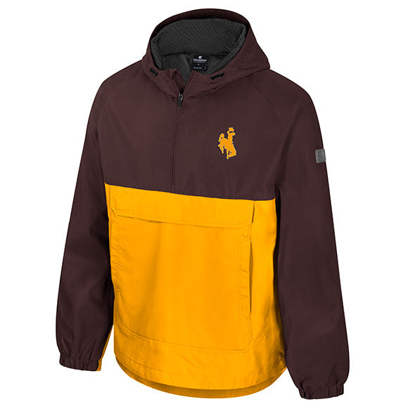 A colorblock hooded pullover jacket in dark brown and bright yellow, featuring a small gold western rider logo on the left chest, displayed on a clean white background.