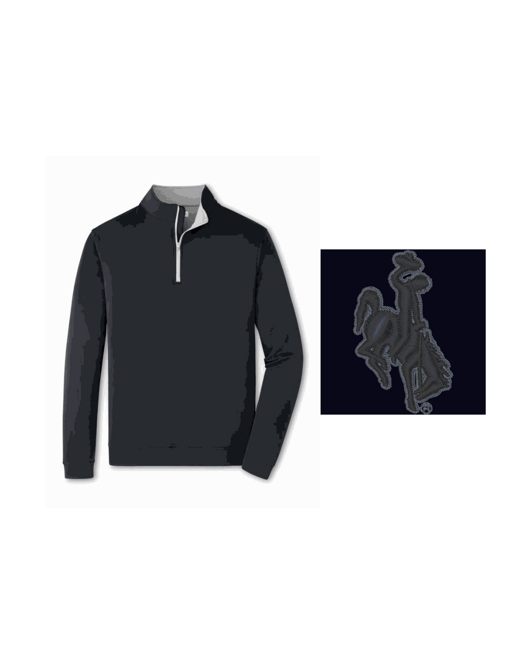 Black long-sleeve jacket with a bucking horse logo next to it showing what is on the sleeve. All pictured on a white background.
