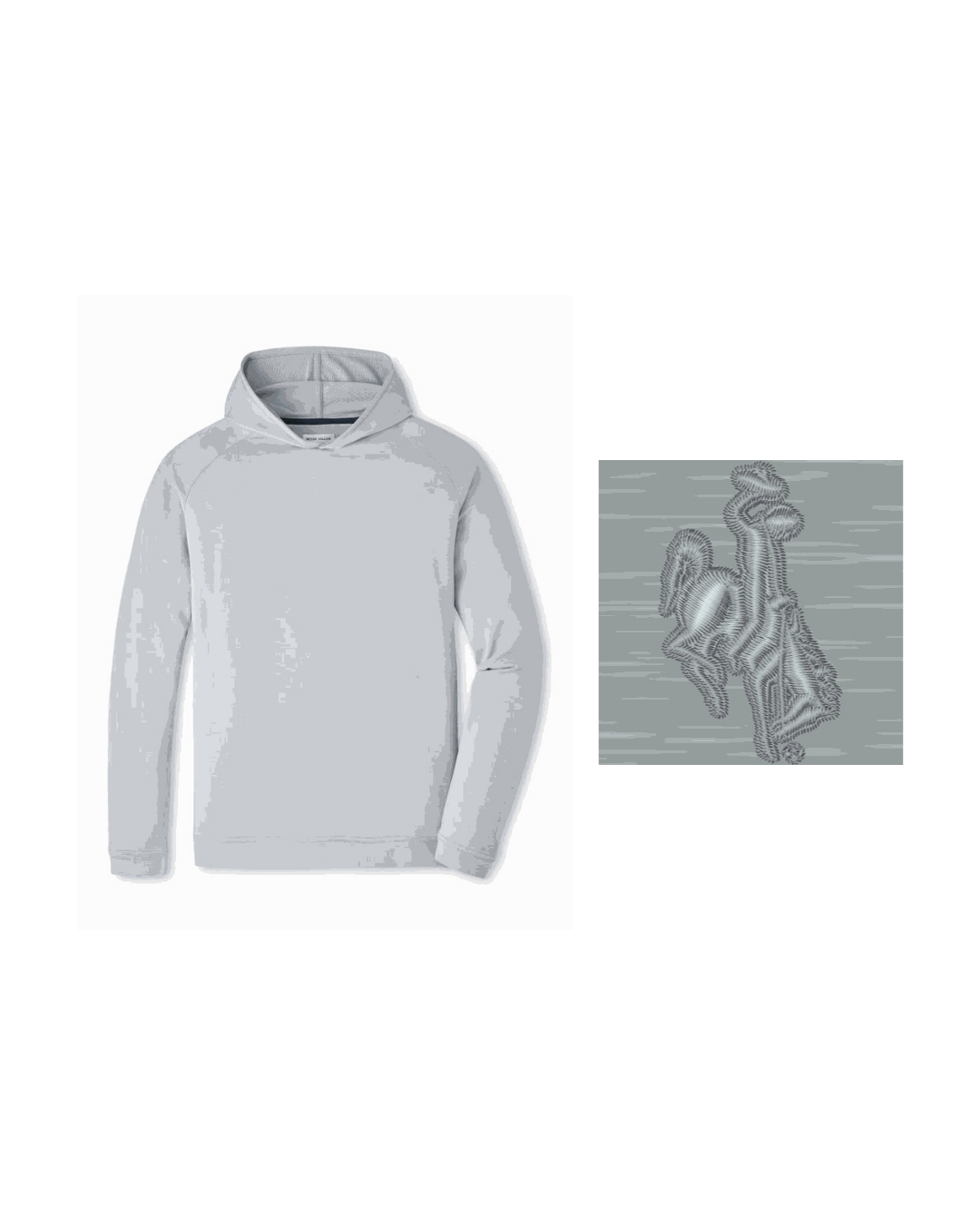 Light gray hoodie with a bucking horse logo next to it to show emblem on left chest all pictured on a white background