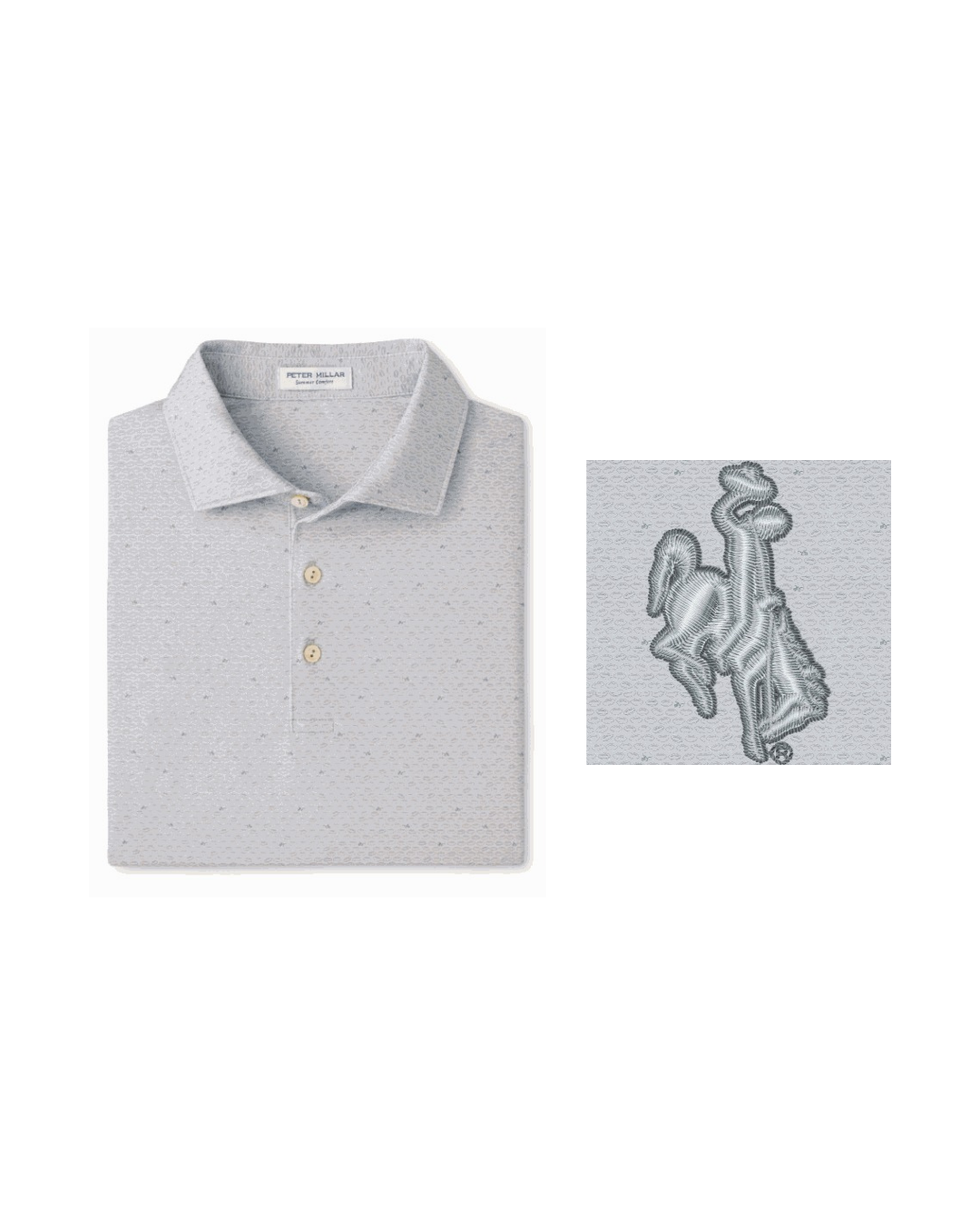 Gray polo shirt with a logo next to it featuring bucking horse that is on the left sleeve all pictured on a white background