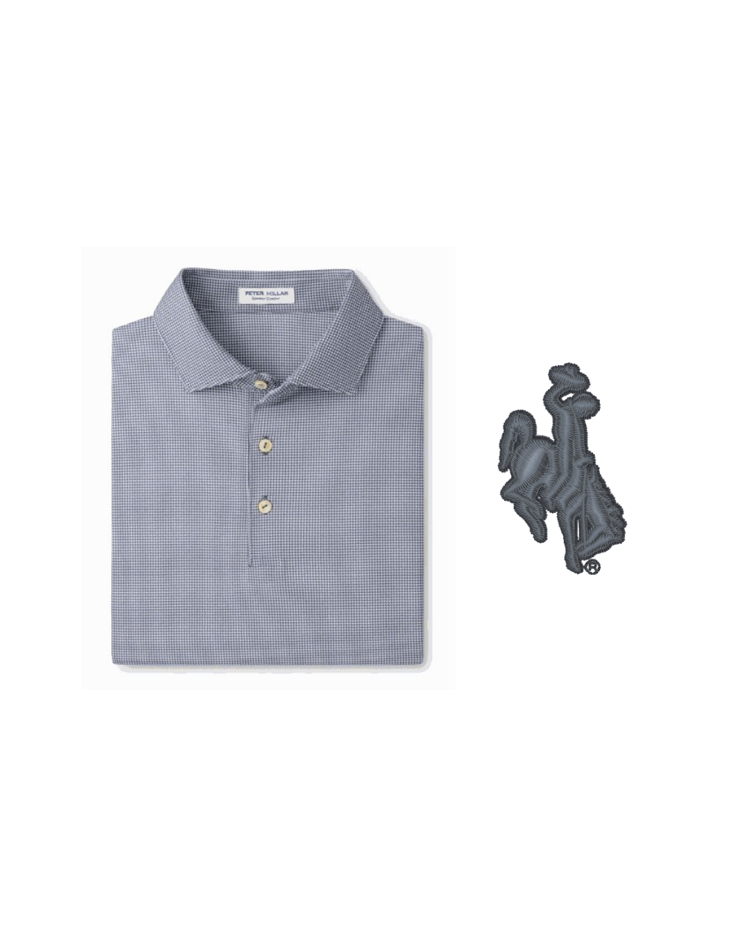 Folded grey checkered polo shirt with a dark gray horse logo next to it to show emblem on sleeve all pictured on a white background