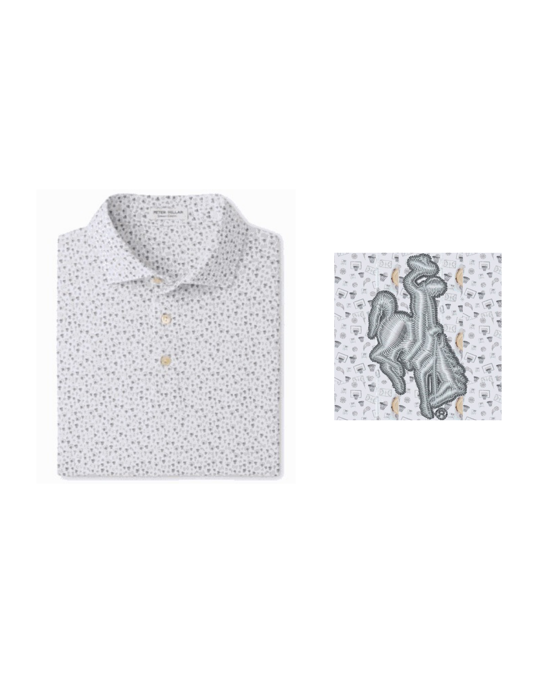 White polo shirt with subtle pattern and matching picture featuring bucking horse design on the left shoulder all pictured on a white background