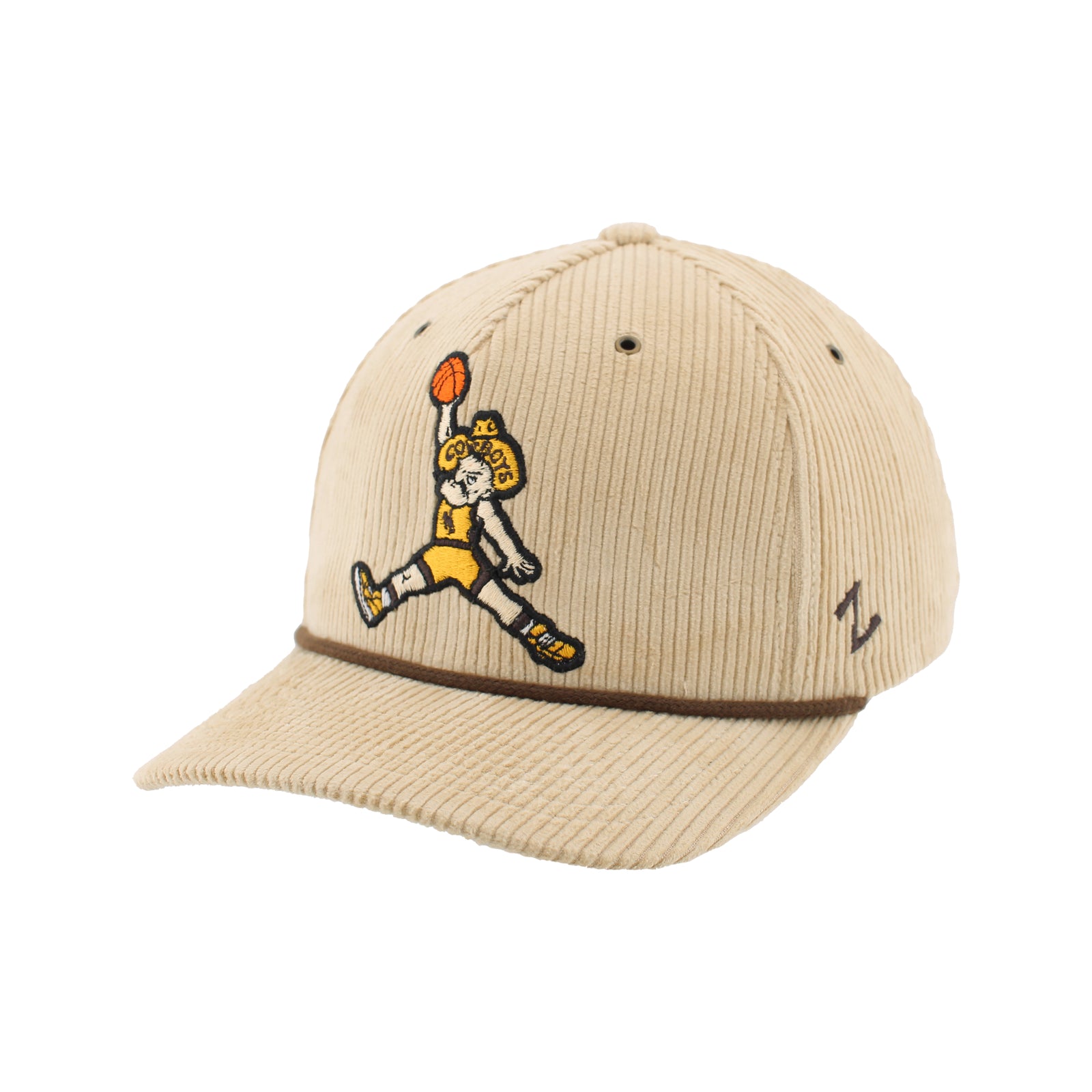Sand adjustable hat feeling like corduroy. Has pistol pete embroidered on the front playing basketball.