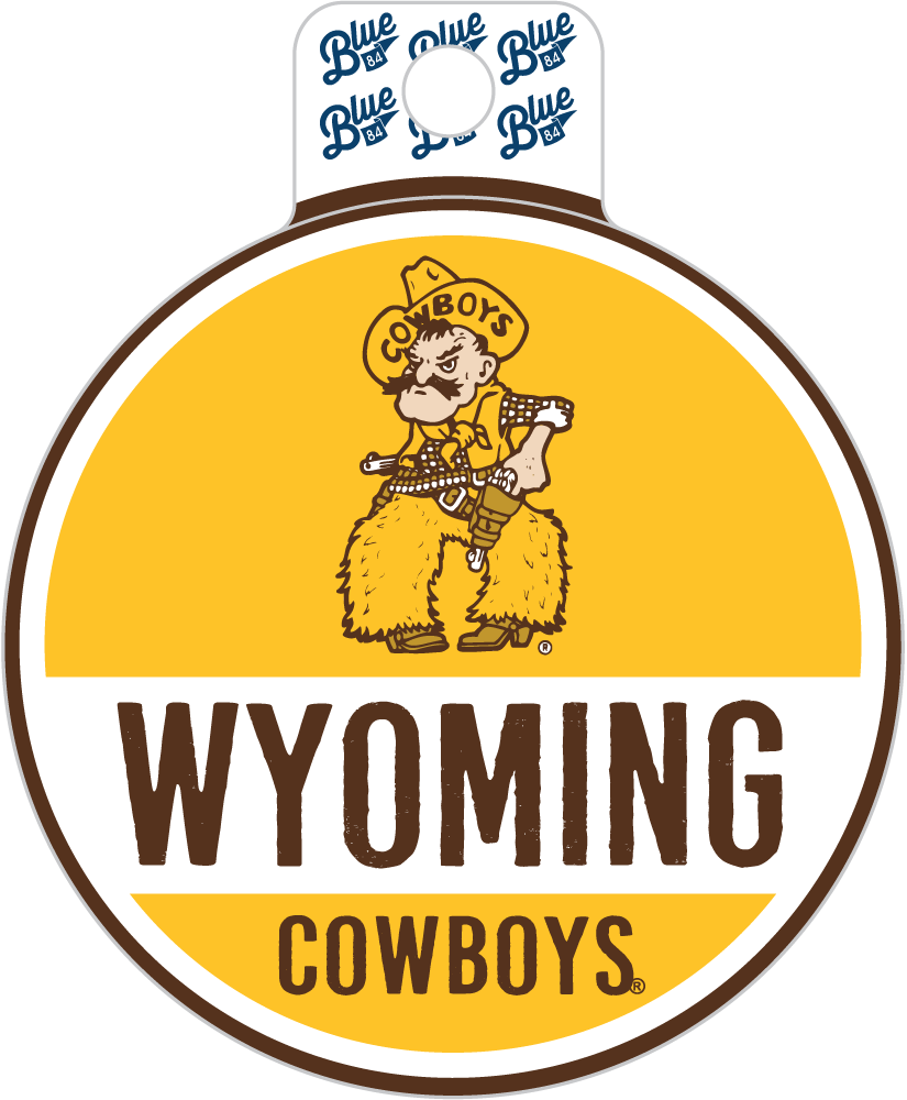 A circular Wyoming Cowboys graphic or sticker design with a yellow and white background, brown border, and the cowboy mascot illustration. The top includes a small white hanging tab with repeated blue 'Blue' branding.