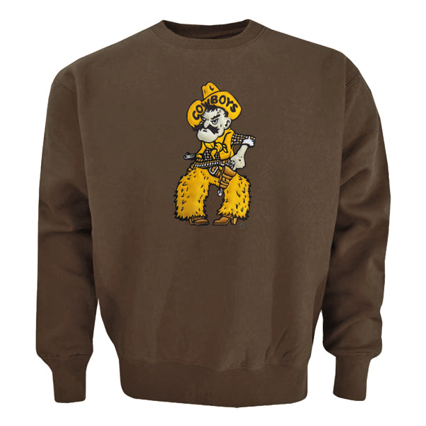 brown crewneck with embroidered pistol pete center chest in gold white and brown