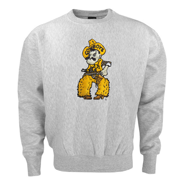 ash crewneck sweatshirt with pistol pete embroidered center chest in gold, brown, and white