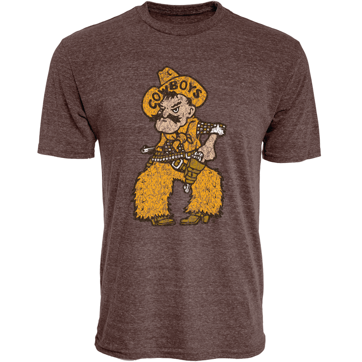 Brown t-shirt with a pistol pete graphic in brown white and gold on center chest