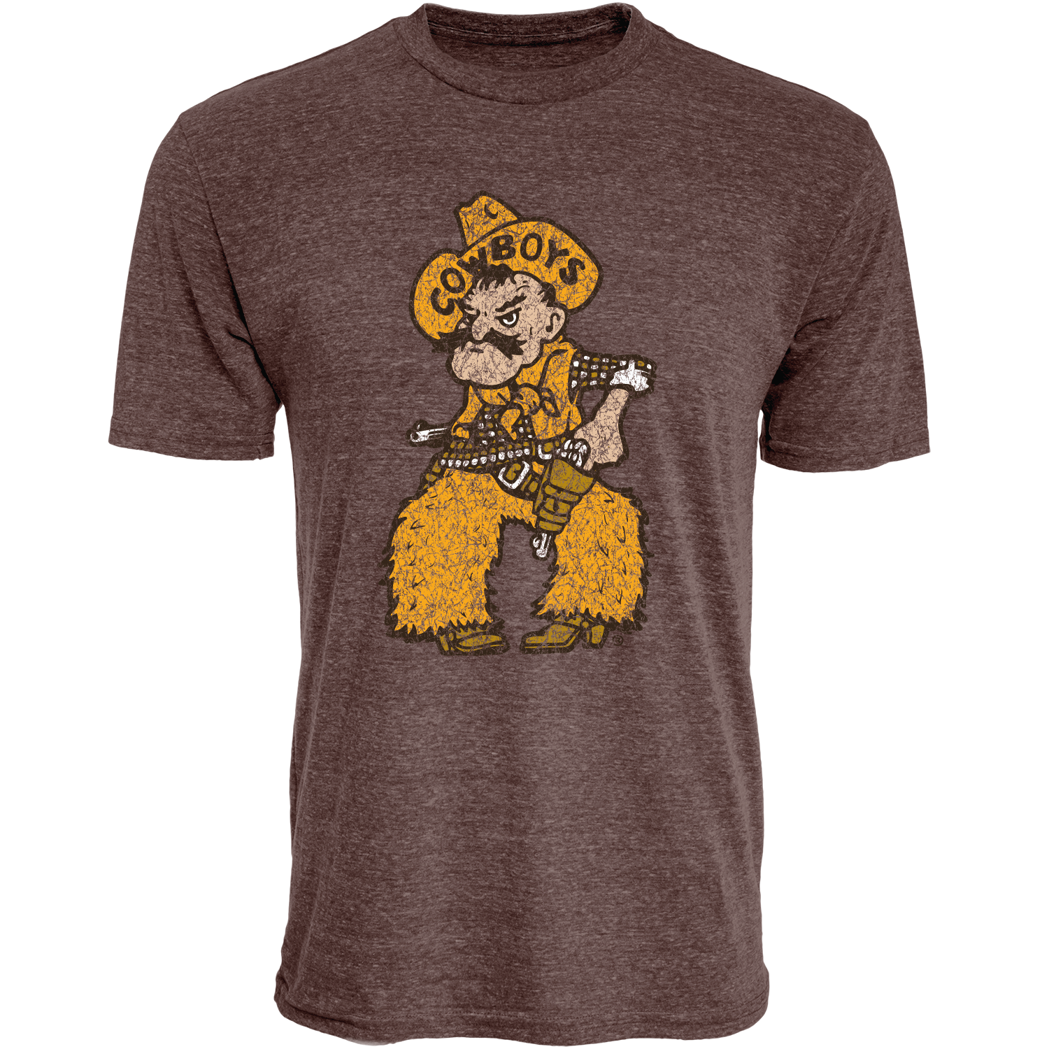 Brown t-shirt with a pistol pete graphic in brown white and gold on center chest
