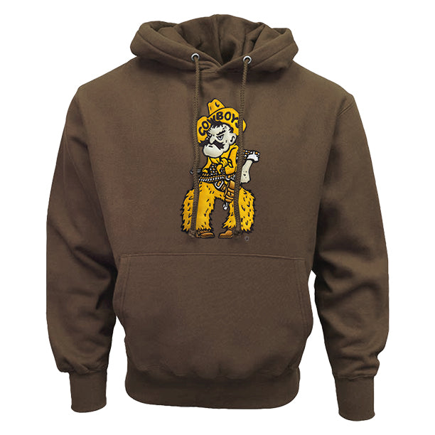 brown hooded sweatshirt with pistol pete on center chest in gold, brown, and white