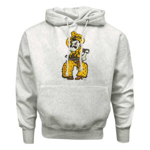 ash hooded sweatshirt with pistol pete embroidered center chest in gold, brown, and white.