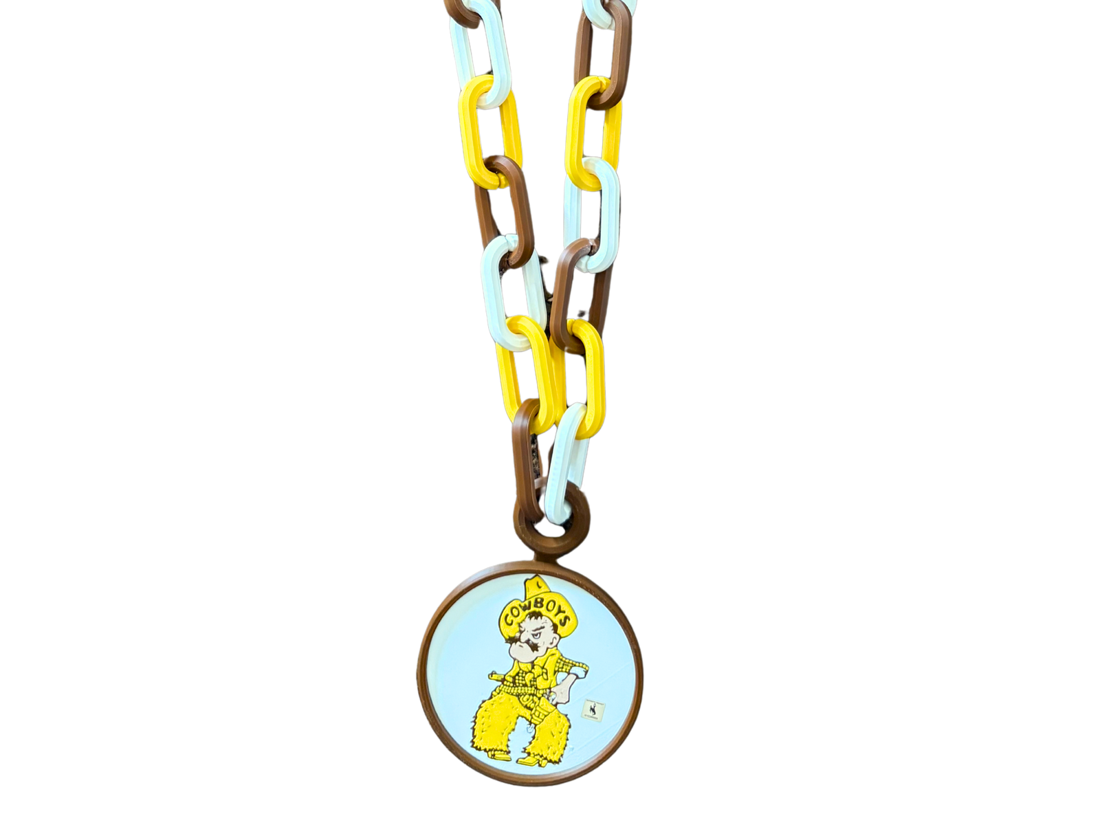 Brown, gold and white hype chain with circular ornament hanging. Has gold brown and white pistol pete logo. Hype chain is pictured on a white background.