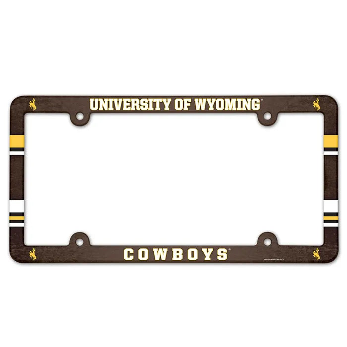 Brown license plate frame with 'university of wyoming cowboys' on it in gold and white and bucking horse logos in all four corners. Pictured on a white background.