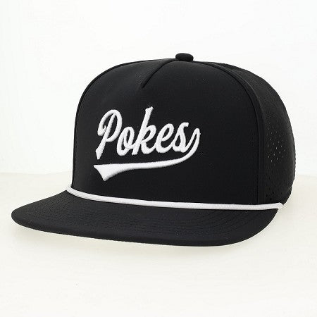 Black cap with 'Pokes' embroidered in white on the front with white rope on brim. pictured on a white background